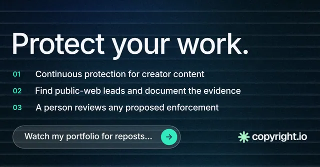 Social ad for copyright.io: "Protect your work." Agentic glass style, numbered layout, dark palette in blue, black, grey.