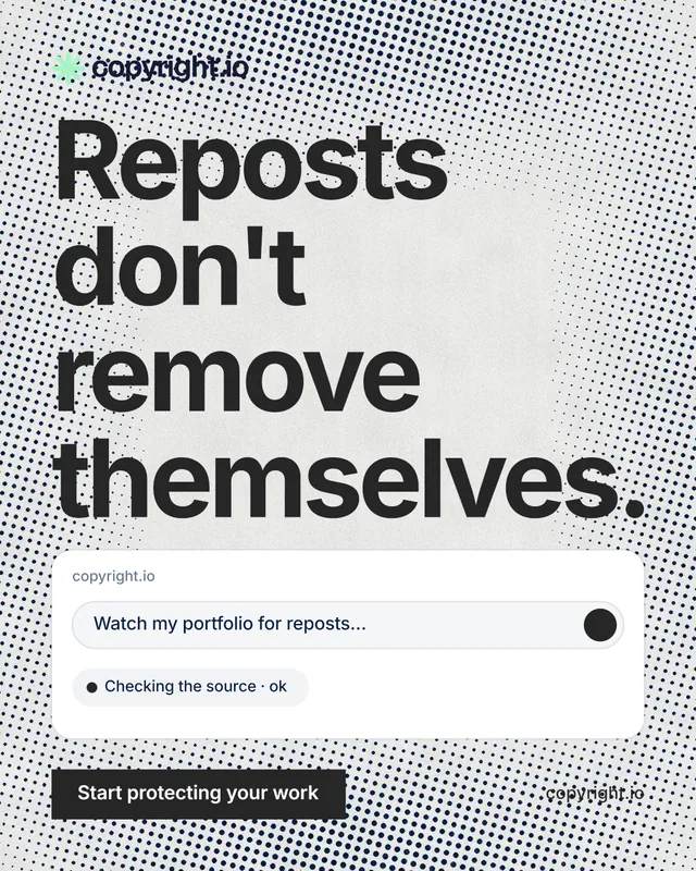 Instagram portrait post for copyright.io: "Reposts don't remove themselves." Swiss style, poster layout, light palette in grey, white.