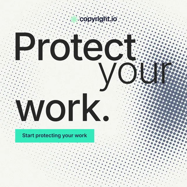 Instagram post for copyright.io: "Protect your work." Retro print style, stacked layout, light palette in white, grey, teal.