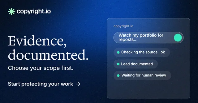 Social ad for copyright.io: "Evidence, documented." Minimal luxury style, bottom layout, dark palette in blue, black.