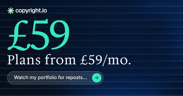 Social ad for copyright.io: "Evidence, documented." Agentic glass style, stat layout, dark palette in blue, black.
