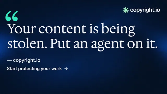 Landscape graphic for copyright.io: "Put an agent on it." Minimal luxury style, quote layout, dark palette in blue, black.