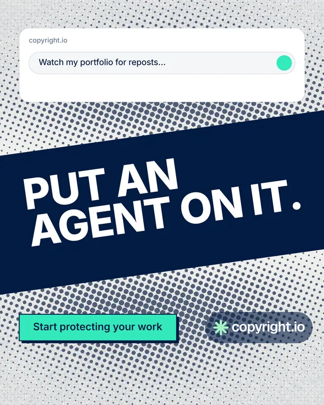 Instagram portrait post for copyright.io: "Put an agent on it." Brutalist style, diagonal layout, light palette in blue, grey, white.