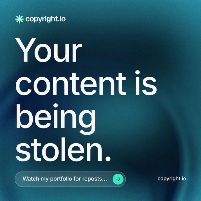 Instagram post for copyright.io: "Your content is being stolen." Agentic glass style, poster layout, dark palette in teal, blue.