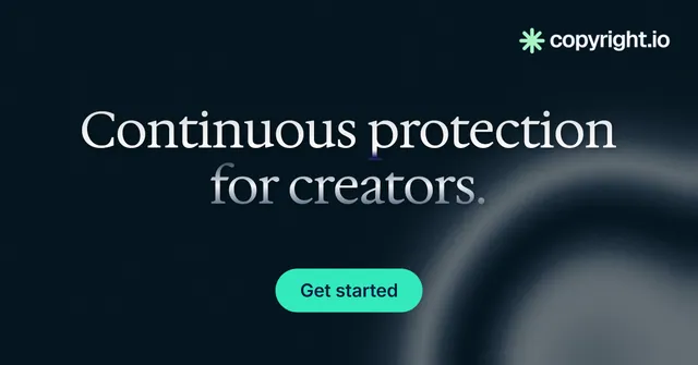 Social ad for copyright.io: "Continuous protection for creators." Y2K style, centred layout, dark palette in black, grey, blue.