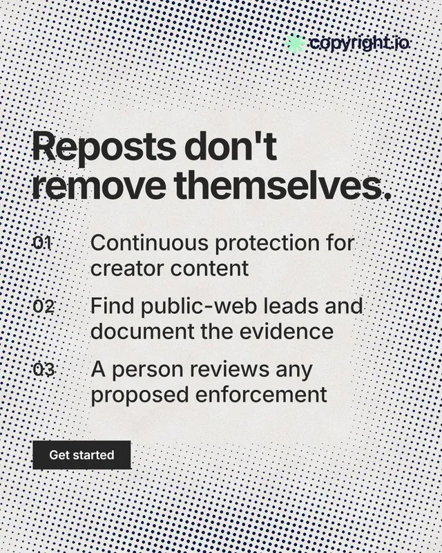 Instagram portrait post for copyright.io: "Reposts don't remove themselves." Swiss style, numbered layout, light palette in white, grey.