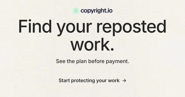 Social ad for copyright.io: "Find your reposted work." Minimal luxury style, centred layout, light palette in white, grey.