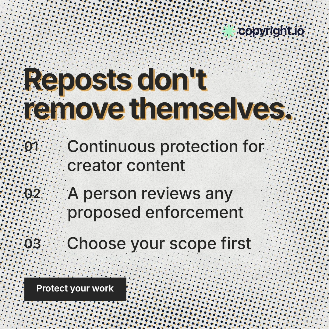 Instagram post for copyright.io: "Reposts don't remove themselves." Swiss style, numbered layout, light palette in grey, white.