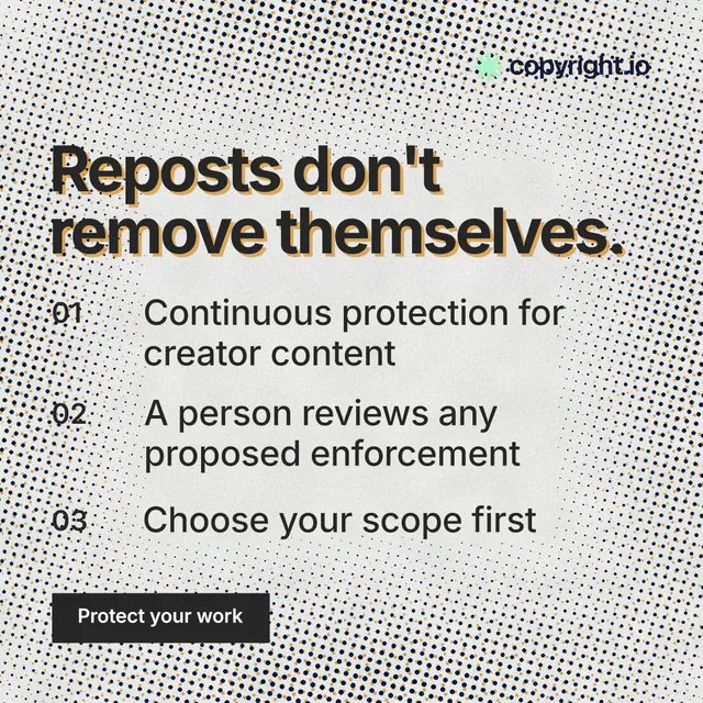 Instagram post for copyright.io: "Reposts don't remove themselves." Swiss style, numbered layout, light palette in grey, white.