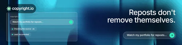 LinkedIn banner for copyright.io: "Reposts don't remove themselves." Agentic glass style, right layout, dark palette in blue, teal.