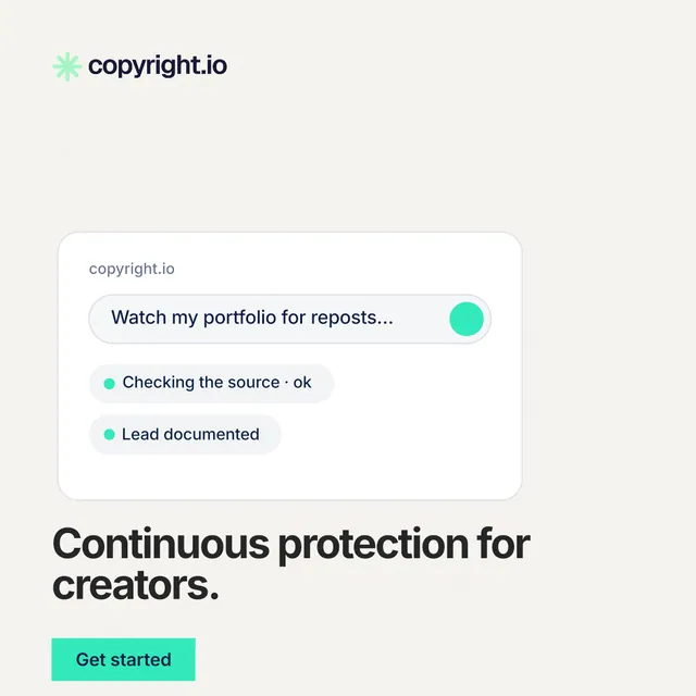 Instagram post for copyright.io: "Continuous protection for creators." Swiss style, skeleton layout, light palette in white, grey.