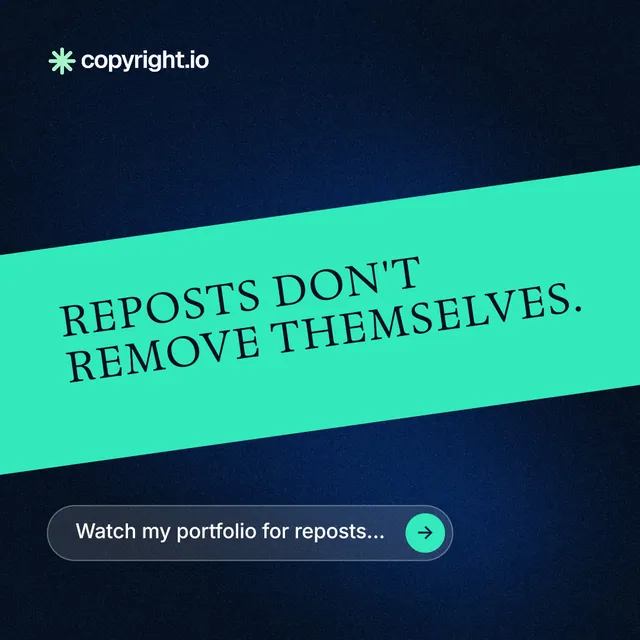 Instagram post for copyright.io: "Reposts don't remove themselves." Agentic glass style, diagonal layout, dark palette in teal, blue, black.