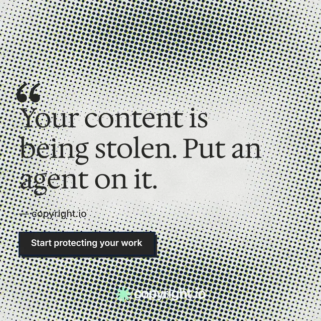 Instagram post for copyright.io: "Continuous protection for creators." Brutalist style, quote layout, light palette in grey, white.