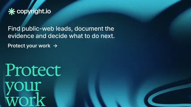 Landscape graphic for copyright.io: "Your content is being stolen." Minimal luxury style, oversized layout, dark palette in blue, black, teal.