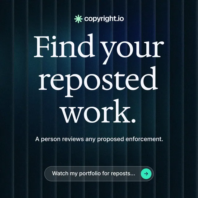 Instagram post for copyright.io: "Find your reposted work." Agentic glass style, centred layout, dark palette in black, blue.
