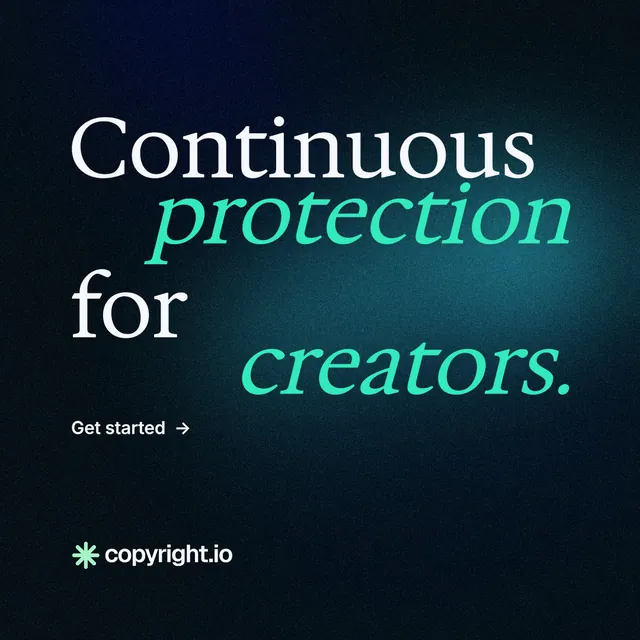 Instagram post for copyright.io: "Continuous protection for creators." Minimal luxury style, stacked layout, dark palette in black, teal.