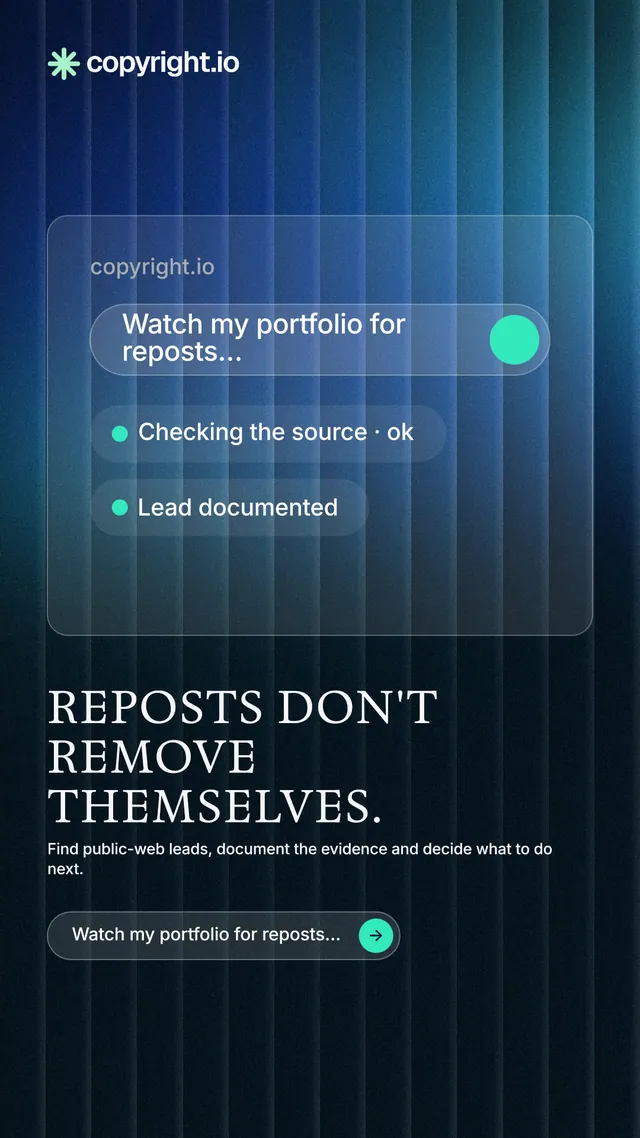 Instagram story for copyright.io: "Reposts don't remove themselves." Agentic glass style, bottom layout, dark palette in black, blue.