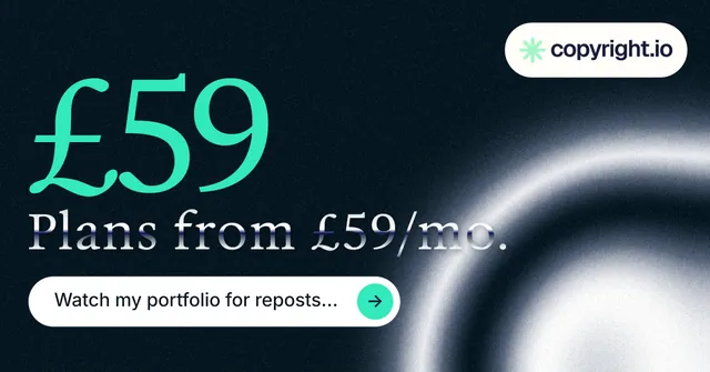 Social ad for copyright.io: "Continuous protection for creators." Agentic glass style, stat layout, dark palette in black, teal, blue.