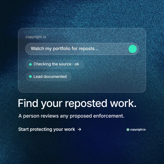 Instagram post for copyright.io: "Find your reposted work." Minimal luxury style, bottom layout, dark palette in black, blue.