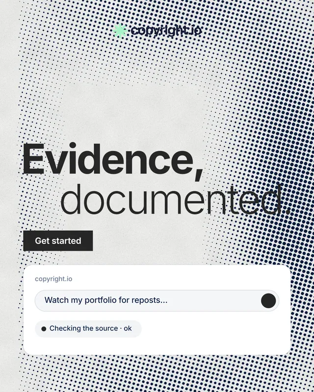 Instagram portrait post for copyright.io: "Evidence, documented." Swiss style, stacked layout, light palette in white, grey.
