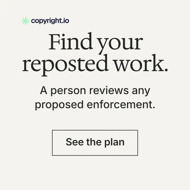 Instagram post for copyright.io: "Find your reposted work." Editorial style, skeleton layout, light palette in white, grey.