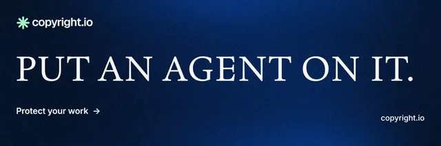 X header for copyright.io: "Put an agent on it." Minimal luxury style, poster layout, dark palette in blue, black.