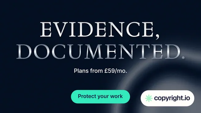 Landscape graphic for copyright.io: "Evidence, documented." Y2K style, centred layout, dark palette in black, grey, blue.