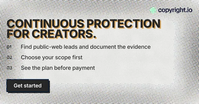 Social ad for copyright.io: "Continuous protection for creators." Brutalist style, numbered layout, light palette in grey, white.