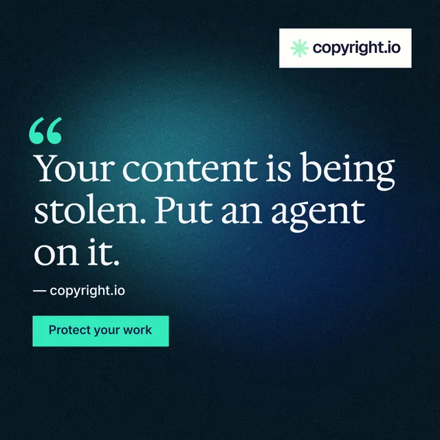 Instagram post for copyright.io: "Reposts don't remove themselves." Swiss style, quote layout, dark palette in blue, black, teal.