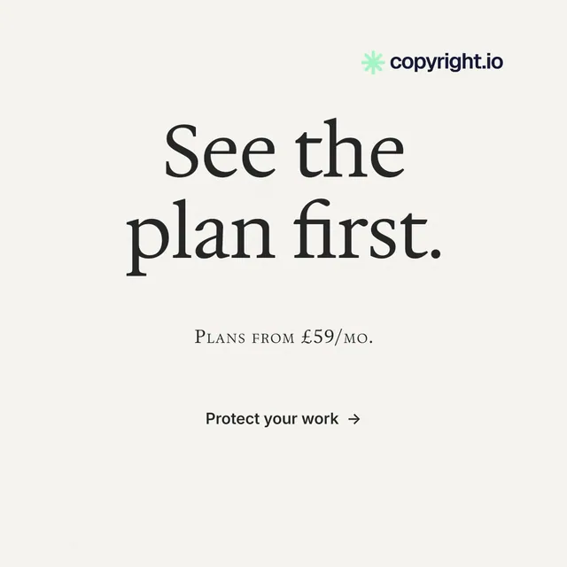 Instagram post for copyright.io: "See the plan first." Minimal luxury style, smallcaps layout, light palette in white, grey.