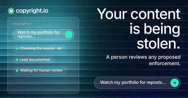 Social ad for copyright.io: "Your content is being stolen." Agentic glass style, right layout, dark palette in teal, black, blue.