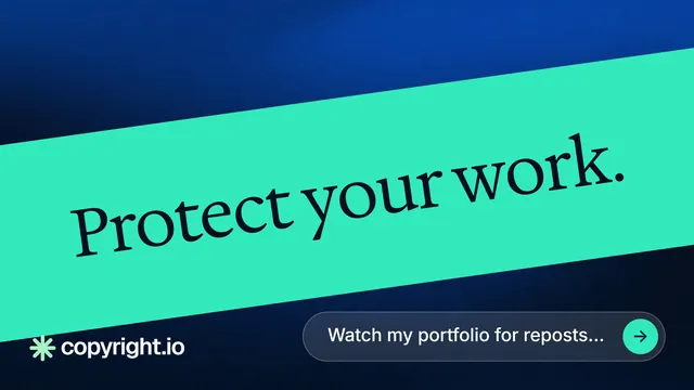Landscape graphic for copyright.io: "Protect your work." Agentic glass style, diagonal layout, light palette in teal, blue.