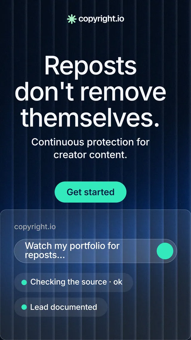 Instagram story for copyright.io: "Reposts don't remove themselves." Agentic glass style, skeleton layout, dark palette in blue, black.