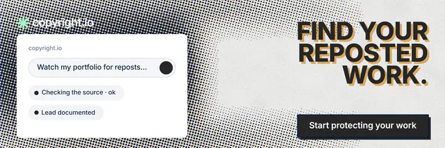 X header for copyright.io: "Find your reposted work." Brutalist style, right layout, light palette in white, grey.