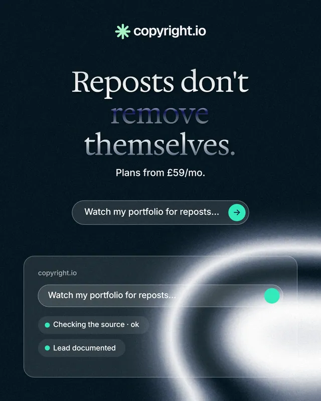 Instagram portrait post for copyright.io: "Reposts don't remove themselves." Agentic glass style, centred layout, dark palette in blue, black, grey.