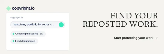 X header for copyright.io: "Find your reposted work." Minimal luxury style, right layout, light palette in white, grey.