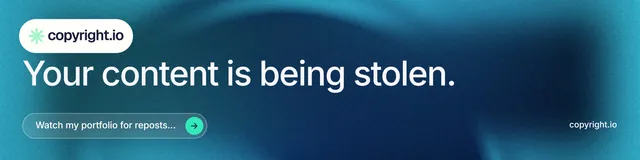 LinkedIn banner for copyright.io: "Your content is being stolen." Agentic glass style, poster layout, dark palette in blue, teal.