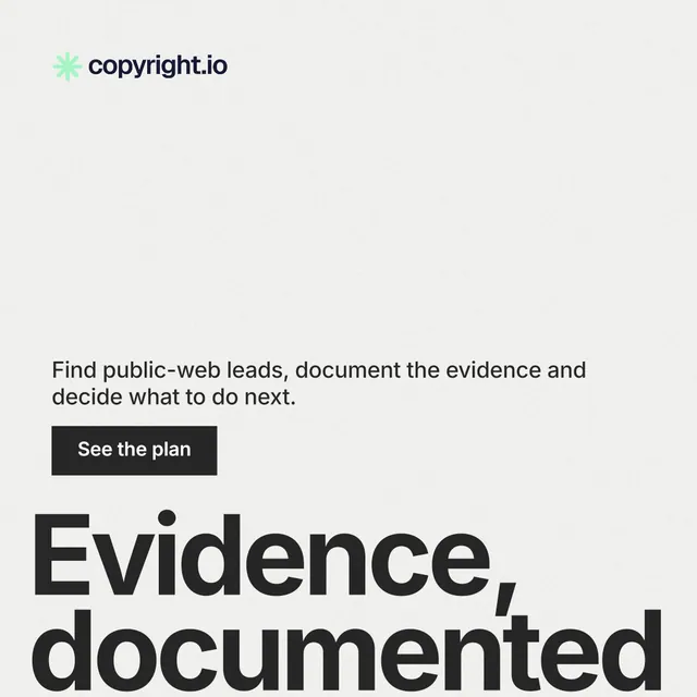 Instagram post for copyright.io: "Reposts don't remove themselves." Swiss style, oversized layout, light palette in white, grey.