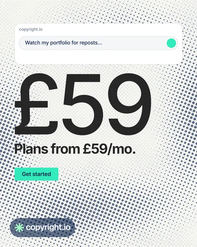 Instagram portrait post for copyright.io: "Protect your work." Swiss style, stat layout, light palette in white, grey.