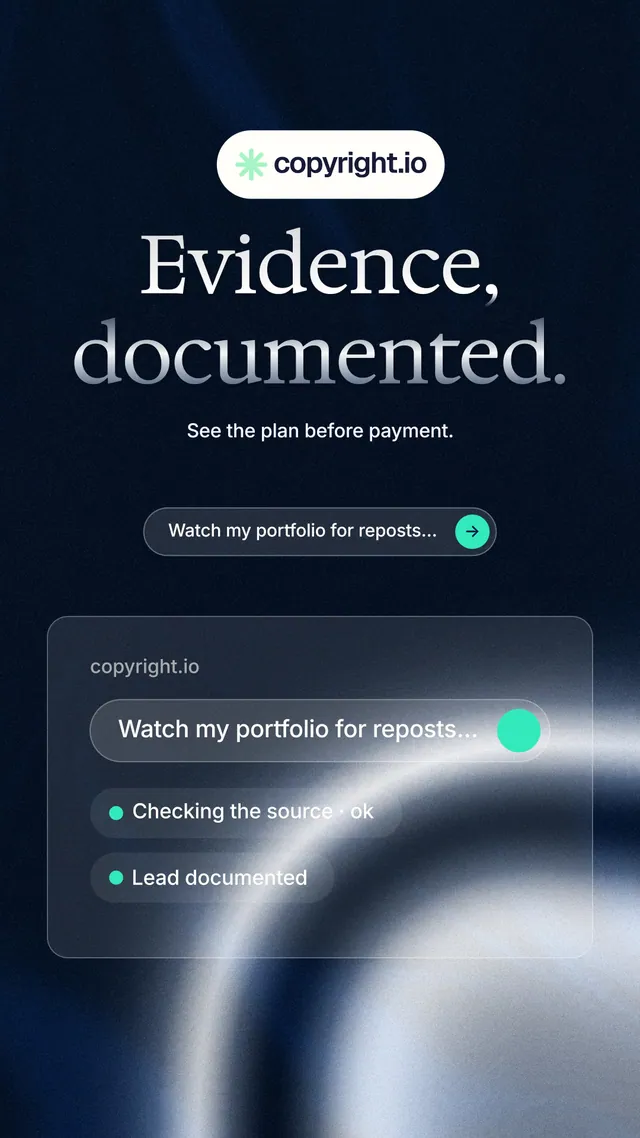 Instagram story for copyright.io: "Evidence, documented." Agentic glass style, centred layout, dark palette in blue, grey, black.