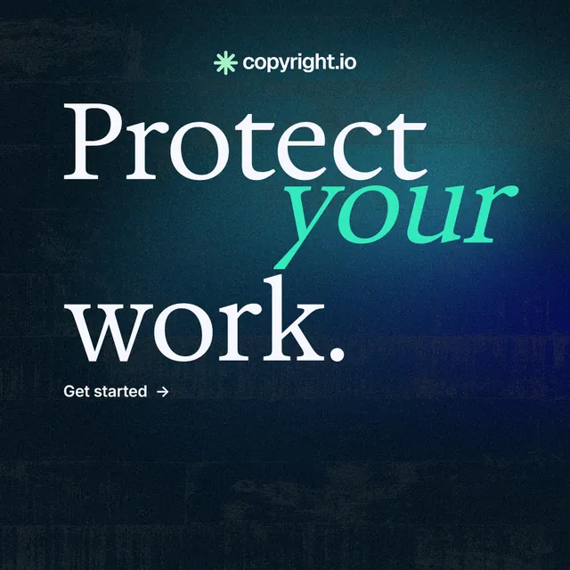 Instagram post for copyright.io: "Protect your work." Minimal luxury style, stacked layout, dark palette in blue, black, teal.