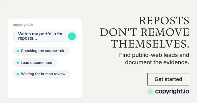 Social ad for copyright.io: "Reposts don't remove themselves." Editorial style, right layout, light palette in white, grey.