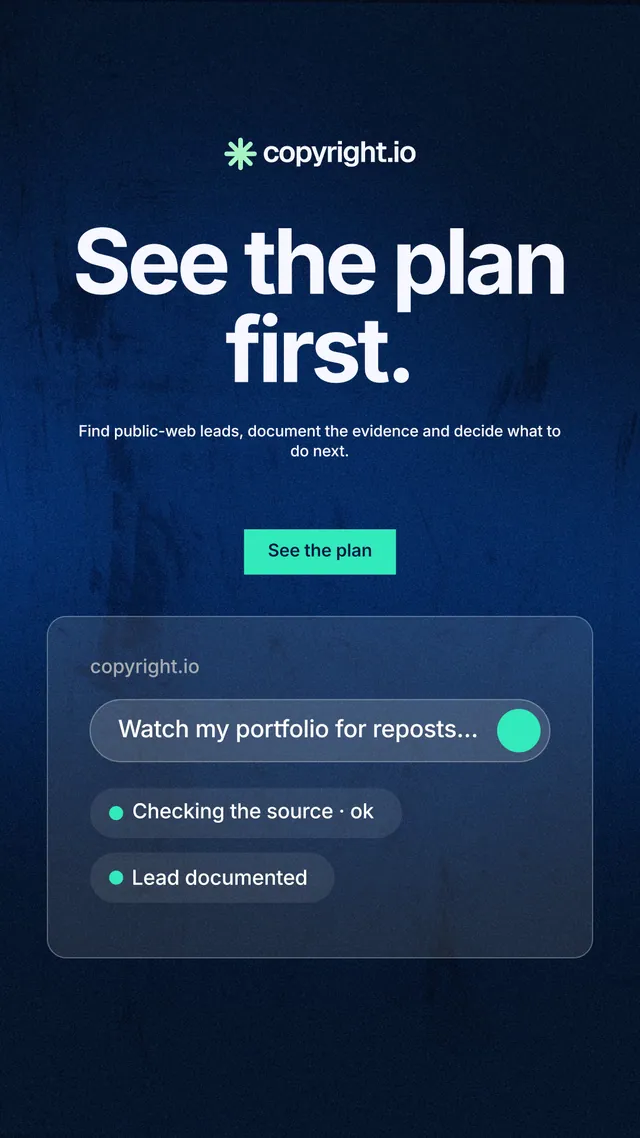 Instagram story for copyright.io: "See the plan first." Swiss style, centred layout, dark palette in blue, black.