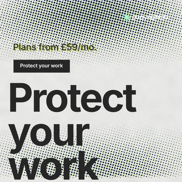 Instagram post for copyright.io: "Your content is being stolen." Swiss style, oversized layout, light palette in grey, white.