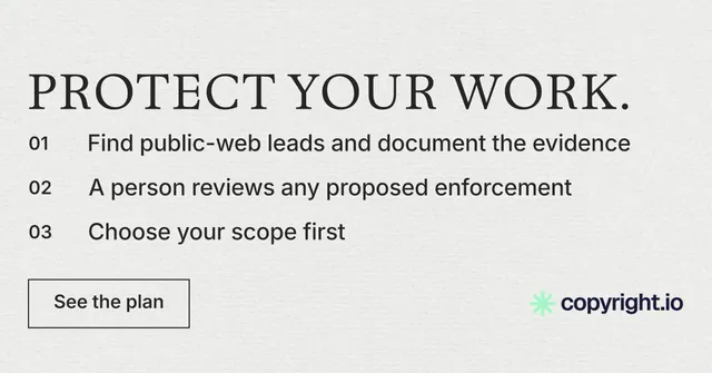 Social ad for copyright.io: "Protect your work." Editorial style, numbered layout, light palette in white, grey.