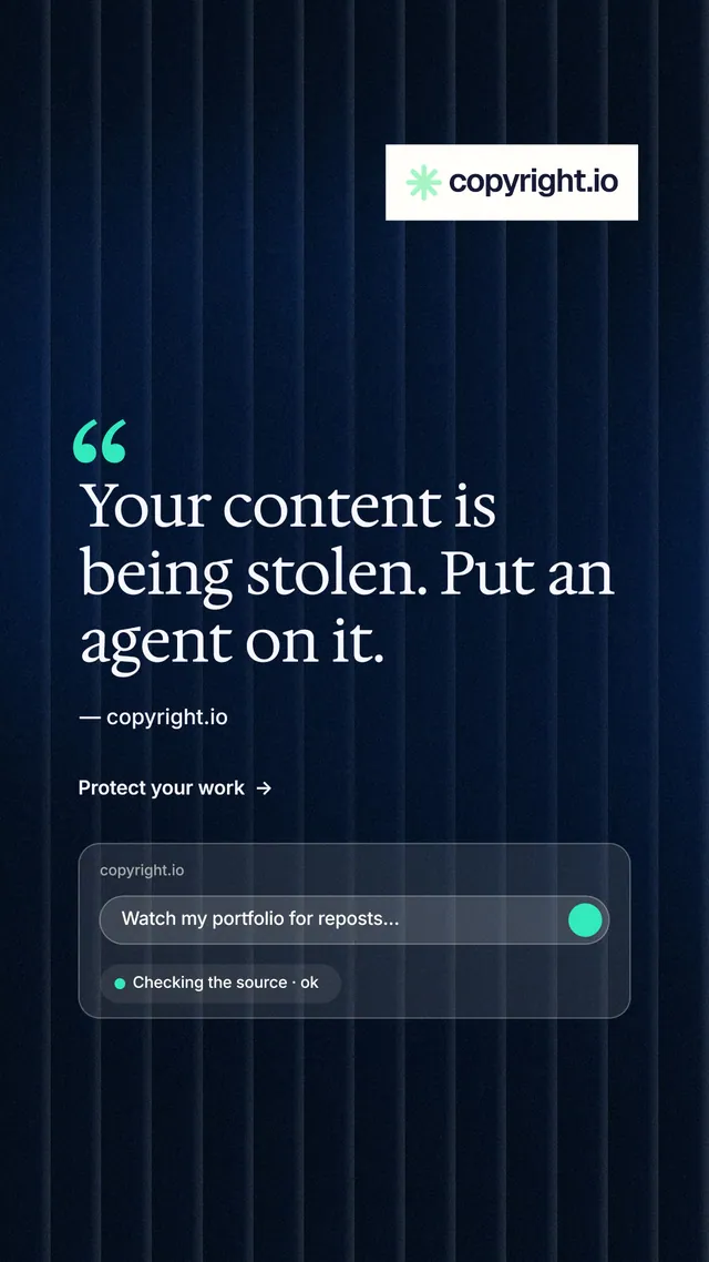 Instagram story for copyright.io: "Put an agent on it." Minimal luxury style, quote layout, dark palette in black, blue, grey.