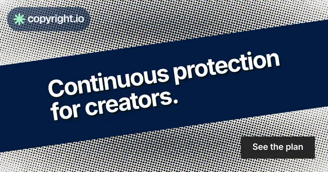 Social ad for copyright.io: "Continuous protection for creators." Swiss style, diagonal layout, dark palette in blue, grey.