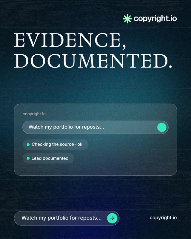 Instagram portrait post for copyright.io: "Evidence, documented." Agentic glass style, poster layout, dark palette in blue, black.