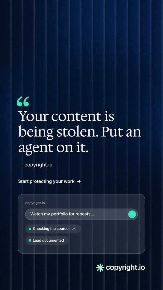 Instagram story for copyright.io: "Your content is being stolen." Minimal luxury style, quote layout, dark palette in black, blue, grey.