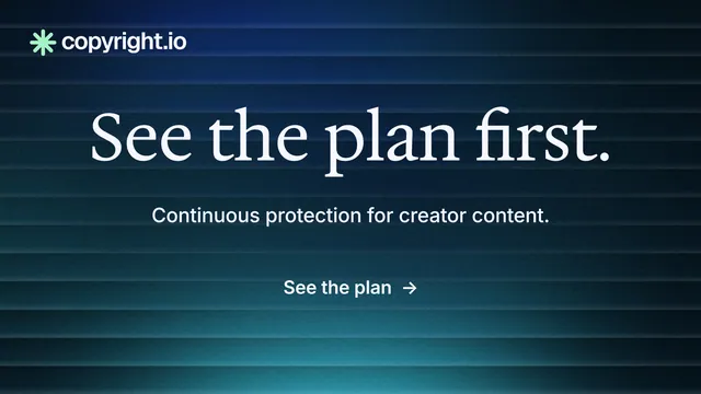 Landscape graphic for copyright.io: "See the plan first." Minimal luxury style, centred layout, dark palette in blue, black.